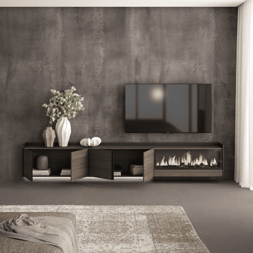 Móvel de TV, Muito espaço de arrumação, 315x35x50cm, Para televisores até 80, Lareira eléctrica XXL, Suspensos, LED, Estilo moderno, Carvalho escuro e Preto