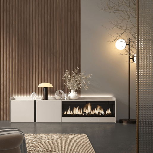 Móvel de TV, Muito espaço de arrumação, 212x35x50cm, Para televisores até 80, Lareira eléctrica XXL, LED, Estilo moderno, Bege
