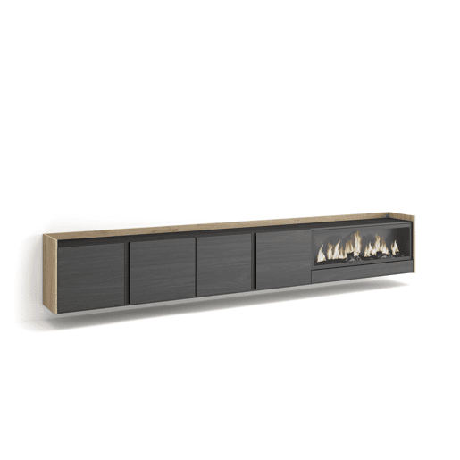 Móvel de TV, Muito espaço de arrumação, 315x35x50cm, Para televisores até 80, Lareira eléctrica XXL, Suspensos, Estilo moderno, Preto e Carvalho Móvel de TV, Muito espaço de arrumação, 315x35x50cm, Para televisores até 80, Lareira eléctrica XXL, Suspensos, Estilo moderno, Preto e Carvalho