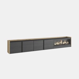 Móvel de TV, Muito espaço de arrumação, 315x35x50cm, Para televisores até 80, Lareira eléctrica XXL, Suspensos, Estilo moderno, Preto e Carvalho
