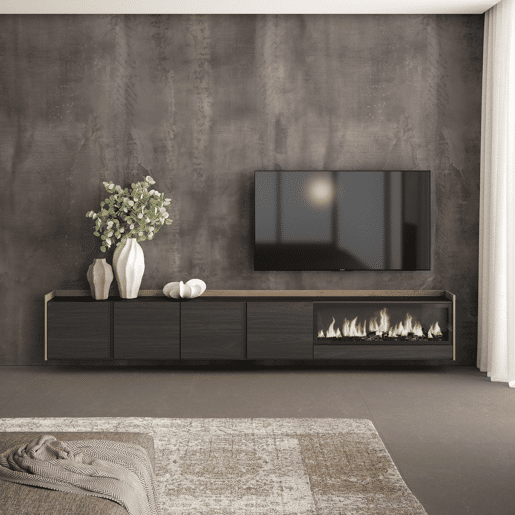 Móvel de TV, Muito espaço de arrumação, 315x35x50cm, Para televisores até 80, Lareira eléctrica XXL, Suspensos, Estilo moderno, Preto e Carvalho Móvel de TV, Muito espaço de arrumação, 315x35x50cm, Para televisores até 80, Lareira eléctrica XXL, Suspensos, Estilo moderno, Preto e Carvalho