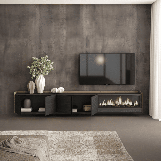 Móvel de TV, Muito espaço de arrumação, 315x35x50cm, Para televisores até 80, Lareira eléctrica XXL, Suspensos, Estilo moderno, Preto e Carvalho Móvel de TV, Muito espaço de arrumação, 315x35x50cm, Para televisores até 80, Lareira eléctrica XXL, Suspensos, Estilo moderno, Preto e Carvalho