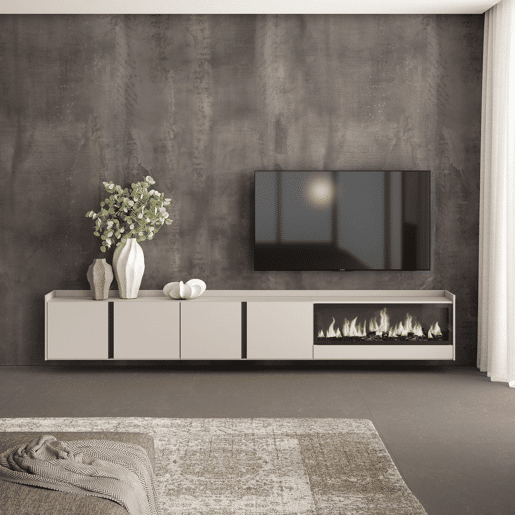 Móvel de TV, Muito espaço de arrumação, 315x35x50cm, Para televisores até 80, Lareira eléctrica XXL, Suspensos, Estilo moderno, Bege