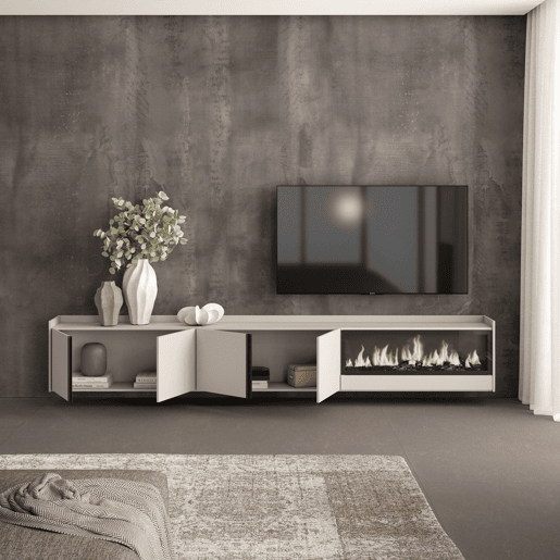 Móvel de TV, Muito espaço de arrumação, 315x35x50cm, Para televisores até 80, Lareira eléctrica XXL, Suspensos, Estilo moderno, Bege