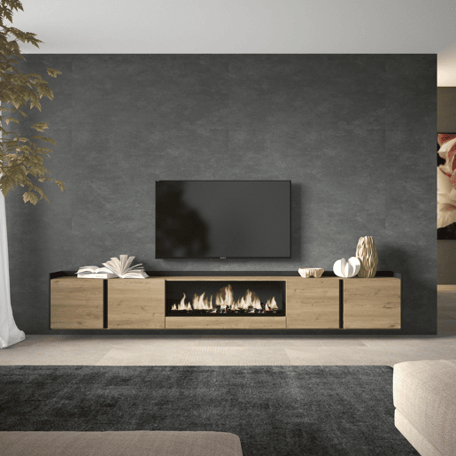 Móvel de TV, Muito espaço de arrumação, 315x35x50cm, Para televisores até 80, Lareira eléctrica XXL, Suspensos, Estilo moderno, Carvalho e preto