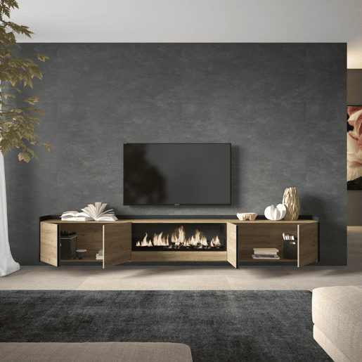 Móvel de TV, Muito espaço de arrumação, 315x35x50cm, Para televisores até 80, Lareira eléctrica XXL, Suspensos, Estilo moderno, Carvalho e preto