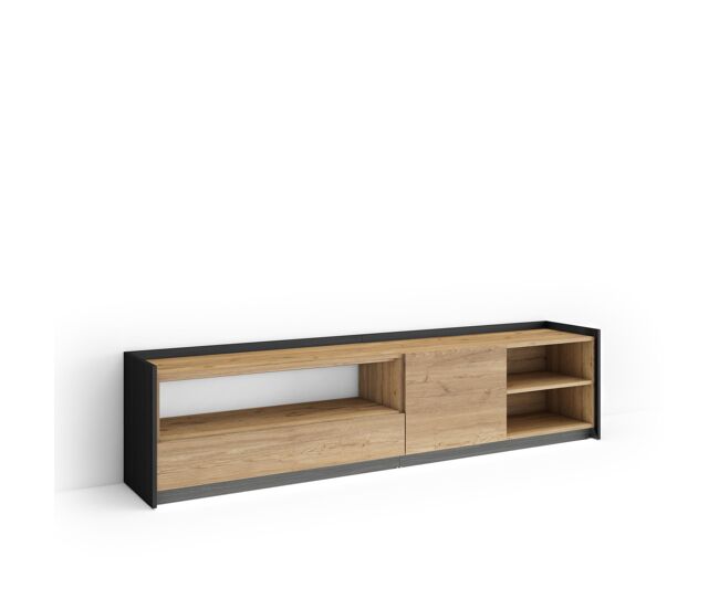 Mueble tv, televisión, muebles de salón, almacenaje, 207x37x50cm, para tv hasta 80", led, estilo moderno, roble y negro
