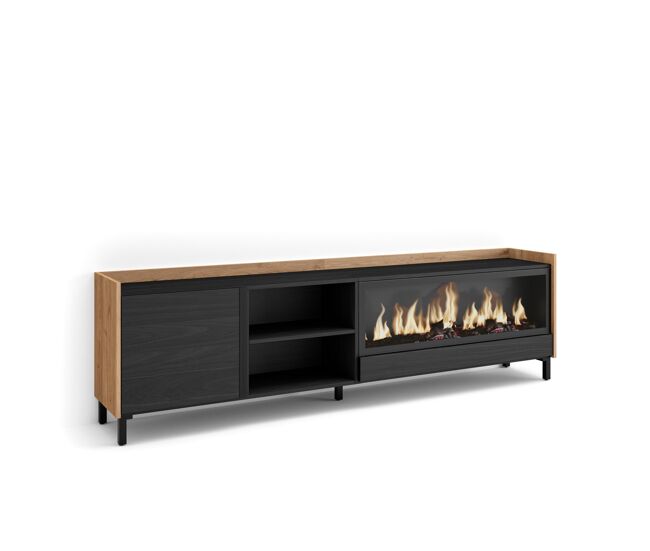 Mueble tv, televisión, muebles de salón, almacenaje, 212x35x61cm, para tv hasta 80", chimenea eléctrica xxl, diseño industrial, estilo moderno, negro y roble