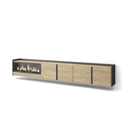 Móvel de TV, Muito espaço de arrumação, 315x35x50cm, Para televisores até 80, Lareira eléctrica XXL, Suspensos, Estilo moderno, Carvalho e preto Móvel de TV, Muito espaço de arrumação, 315x35x50cm, Para televisores até 80, Lareira eléctrica XXL, Suspensos, Estilo moderno, Carvalho e preto