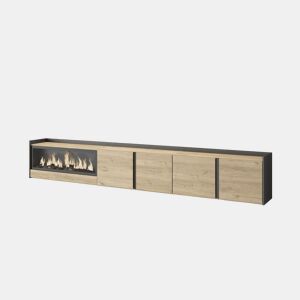 Móvel de TV, Muito espaço de arrumação, 315x35x50cm, Para televisores até 80, Lareira eléctrica XXL, Suspensos, Estilo moderno, Carvalho e preto