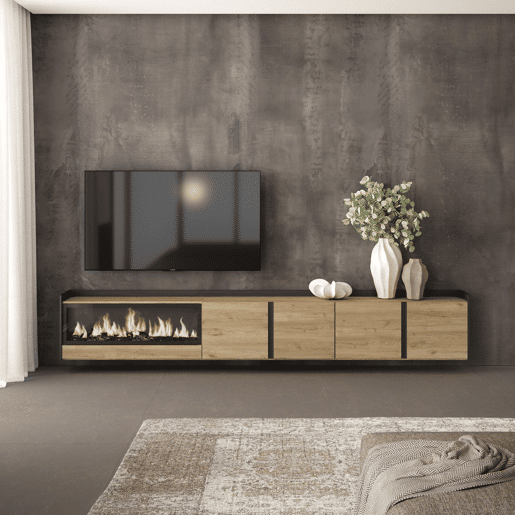 Móvel de TV, Muito espaço de arrumação, 315x35x50cm, Para televisores até 80, Lareira eléctrica XXL, Suspensos, Estilo moderno, Carvalho e preto Móvel de TV, Muito espaço de arrumação, 315x35x50cm, Para televisores até 80, Lareira eléctrica XXL, Suspensos, Estilo moderno, Carvalho e preto