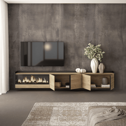 Móvel de TV, Muito espaço de arrumação, 315x35x50cm, Para televisores até 80, Lareira eléctrica XXL, Suspensos, Estilo moderno, Carvalho e preto Móvel de TV, Muito espaço de arrumação, 315x35x50cm, Para televisores até 80, Lareira eléctrica XXL, Suspensos, Estilo moderno, Carvalho e preto