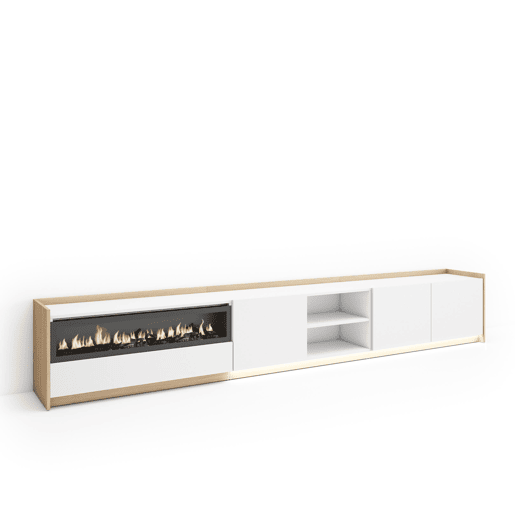 Móvel de TV, Muito espaço de arrumação, 310x37x50cm, Para televisores até 80, Lareira eléctrica, LED, Estilo moderno, Branco e Carvalho soft