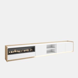 Móvel de TV, Muito espaço de arrumação, 310x37x50cm, Para televisores até 80, Lareira eléctrica, LED, Estilo moderno, Branco e Carvalho soft