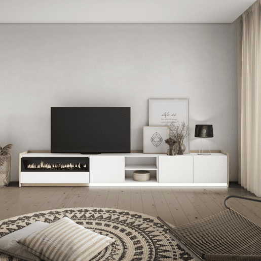 Móvel de TV, Muito espaço de arrumação, 310x37x50cm, Para televisores até 80, Lareira eléctrica, LED, Estilo moderno, Branco e Carvalho soft