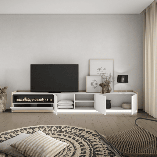 Móvel de TV, Muito espaço de arrumação, 310x37x50cm, Para televisores até 80, Lareira eléctrica, LED, Estilo moderno, Branco e Carvalho soft