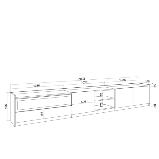 Móvel de TV, Muito espaço de arrumação, 310x37x50cm, Para televisores até 80, Lareira eléctrica, LED, Estilo moderno, Branco e Carvalho soft