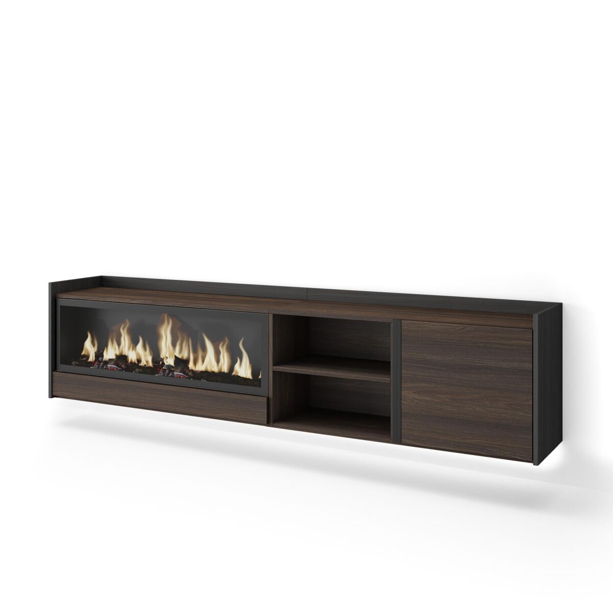 Mueble tv, televisión, muebles de salón, almacenaje, 212x35x50cm, para tv hasta 80", chimenea eléctrica xxl, colgado, suspendido, led, estilo moderno, roble oscuro y negro