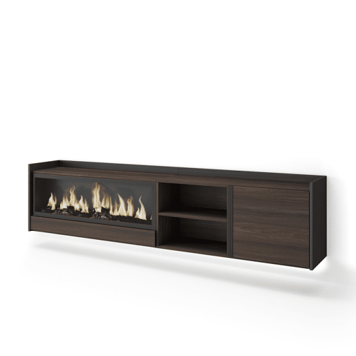 Móvel de TV, Muito espaço de arrumação, 212x35x50cm, Para televisores até 80, Lareira eléctrica XXL, Suspensos, LED, Estilo moderno, Carvalho escuro e Preto