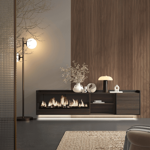 Móvel de TV, Muito espaço de arrumação, 212x35x50cm, Para televisores até 80, Lareira eléctrica XXL, Suspensos, LED, Estilo moderno, Carvalho escuro e Preto