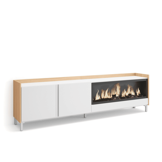 Móvel de TV, Muito espaço de arrumação, 212x35x61cm, Para televisores até 80, Lareira eléctrica XXL, Design industrial, Estilo moderno, Branco e Carvalho soft