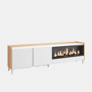 Móvel de TV, Muito espaço de arrumação, 212x35x61cm, Para televisores até 80, Lareira eléctrica XXL, Design industrial, Estilo moderno, Branco e Carvalho soft