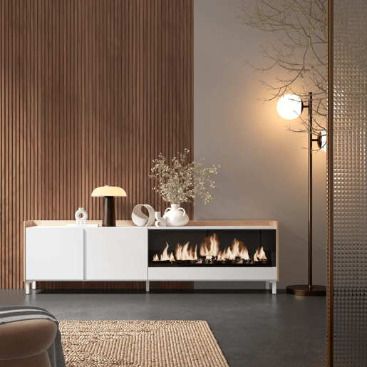Móvel de TV, Muito espaço de arrumação, 212x35x61cm, Para televisores até 80, Lareira eléctrica XXL, Design industrial, Estilo moderno, Branco e Carvalho soft