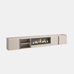 Móvel de TV, Muito espaço de arrumação, 315x35x50cm, Para televisores até 80, Lareira eléctrica XXL, Suspensos, LED, Estilo moderno, Bege