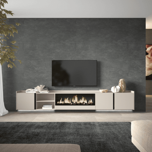 Móvel de TV, Muito espaço de arrumação, 315x35x50cm, Para televisores até 80, Lareira eléctrica XXL, Suspensos, LED, Estilo moderno, Bege Móvel de TV, Muito espaço de arrumação, 315x35x50cm, Para televisores até 80, Lareira eléctrica XXL, Suspensos, LED, Estilo moderno, Bege