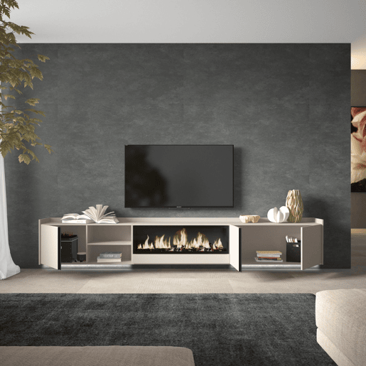 Móvel de TV, Muito espaço de arrumação, 315x35x50cm, Para televisores até 80, Lareira eléctrica XXL, Suspensos, LED, Estilo moderno, Bege Móvel de TV, Muito espaço de arrumação, 315x35x50cm, Para televisores até 80, Lareira eléctrica XXL, Suspensos, LED, Estilo moderno, Bege