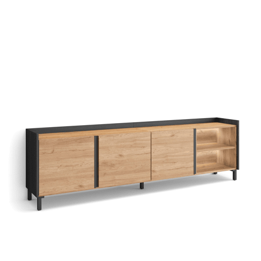 Móvel de TV, Muito espaço de arrumação, 207x35x61cm, Para televisores até 80, Design industrial, LED, Estilo moderno, Carvalho e preto
