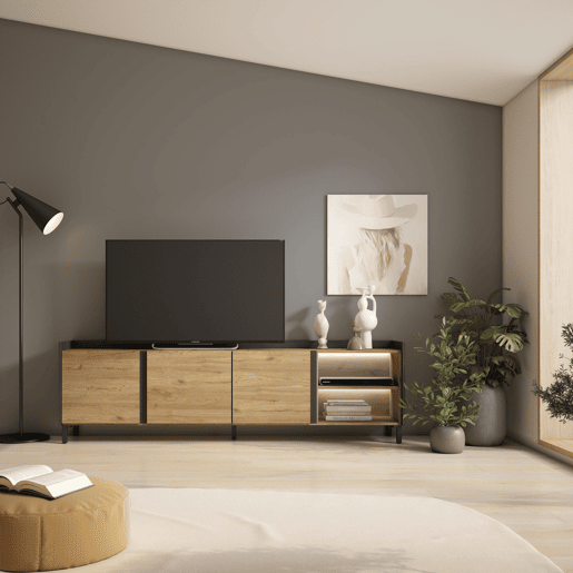 Móvel de TV, Muito espaço de arrumação, 207x35x61cm, Para televisores até 80, Design industrial, LED, Estilo moderno, Carvalho e preto