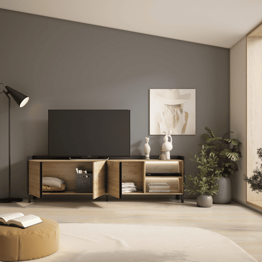 Móvel de TV, Muito espaço de arrumação, 207x35x61cm, Para televisores até 80, Design industrial, LED, Estilo moderno, Carvalho e preto