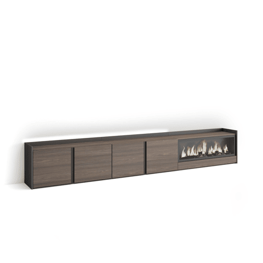 Móvel de TV, Muito espaço de arrumação, 315x35x50cm, Para televisores até 80, Lareira eléctrica XXL, LED, Estilo moderno, Carvalho escuro e Preto Móvel de TV, Muito espaço de arrumação, 315x35x50cm, Para televisores até 80, Lareira eléctrica XXL, LED, Estilo moderno, Carvalho escuro e Preto