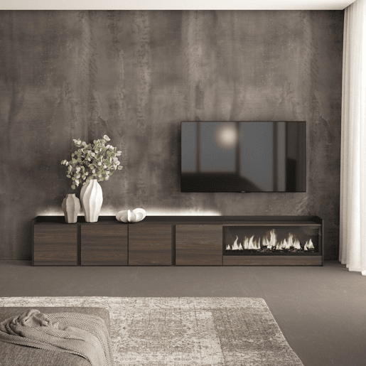 Móvel de TV, Muito espaço de arrumação, 315x35x50cm, Para televisores até 80, Lareira eléctrica XXL, LED, Estilo moderno, Carvalho escuro e Preto Móvel de TV, Muito espaço de arrumação, 315x35x50cm, Para televisores até 80, Lareira eléctrica XXL, LED, Estilo moderno, Carvalho escuro e Preto