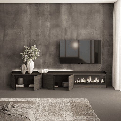 Móvel de TV, Muito espaço de arrumação, 315x35x50cm, Para televisores até 80, Lareira eléctrica XXL, LED, Estilo moderno, Carvalho escuro e Preto Móvel de TV, Muito espaço de arrumação, 315x35x50cm, Para televisores até 80, Lareira eléctrica XXL, LED, Estilo moderno, Carvalho escuro e Preto