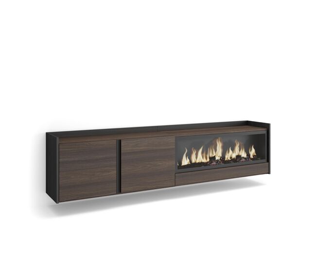 Mueble tv, televisión, muebles de salón, almacenaje, 212x35x50cm, para tv hasta 80", chimenea eléctrica xxl, colgado, suspendido, estilo moderno, roble oscuro y negro