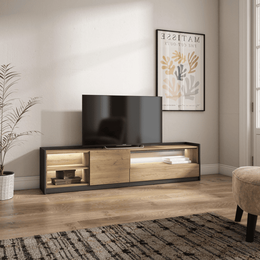 Móvel de TV, Muito espaço de arrumação, 207x37x50cm, Para televisores até 80, LED, Estilo moderno, Carvalho e preto Móvel de TV, Muito espaço de arrumação, 207x37x50cm, Para televisores até 80, LED, Estilo moderno, Carvalho e preto