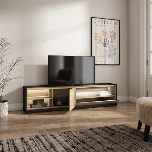 Móvel de TV, Muito espaço de arrumação, 207x37x50cm, Para televisores até 80, LED, Estilo moderno, Carvalho e preto Móvel de TV, Muito espaço de arrumação, 207x37x50cm, Para televisores até 80, LED, Estilo moderno, Carvalho e preto