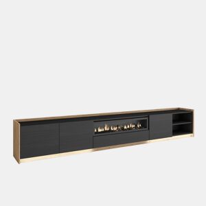 Móvel de TV, Muito espaço de arrumação, 310x37x50cm, Para televisores até 80, Lareira eléctrica, LED, Estilo moderno, Preto e Carvalho