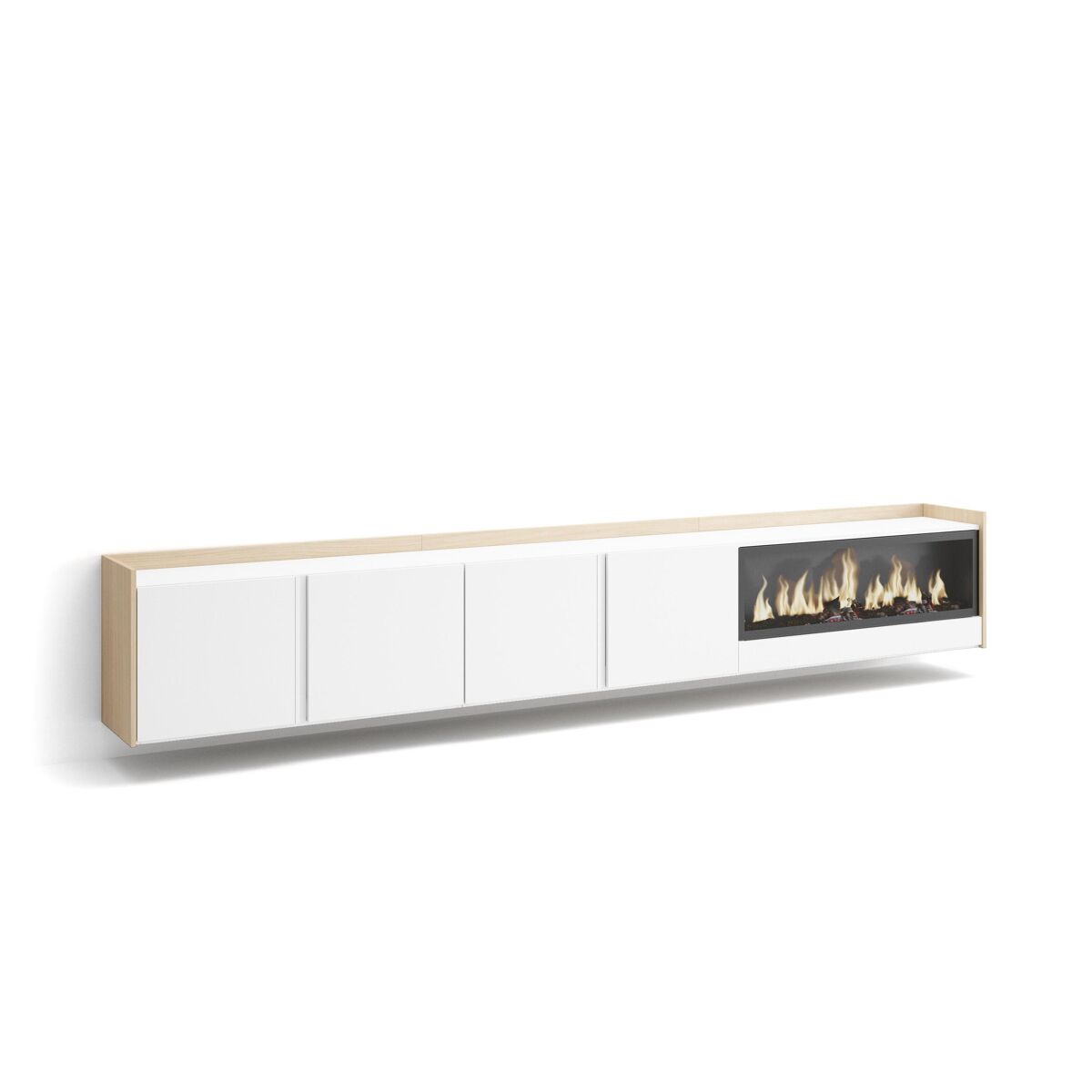 Mueble tv, televisión, muebles de salón, almacenaje, 315x35x50cm, para tv hasta 80", chimenea eléctrica xxl, colgado, suspendido, estilo moderno,