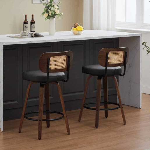 Bancos de bar 2 unidades - 66 cm Rattan giratórios com encosto de cana e assento estofado - Preto Bancos de bar 2 unidades - 66 cm Rattan giratórios com encosto de cana e assento estofado - Preto