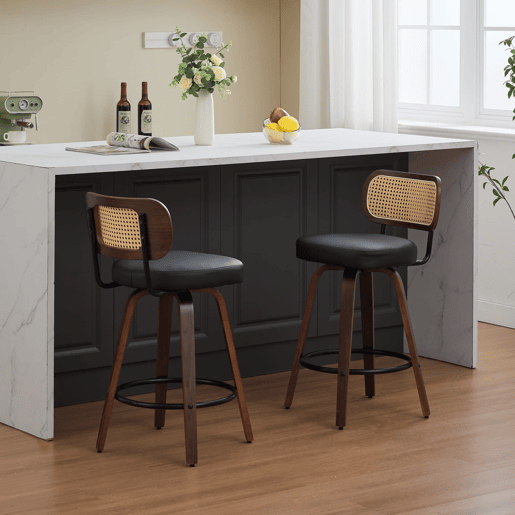 Bancos de bar 2 unidades - 66 cm Rattan giratórios com encosto de cana e assento estofado - Preto Bancos de bar 2 unidades - 66 cm Rattan giratórios com encosto de cana e assento estofado - Preto