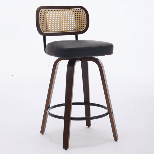 Bancos de bar 2 unidades - 66 cm Rattan giratórios com encosto de cana e assento estofado - Preto Bancos de bar 2 unidades - 66 cm Rattan giratórios com encosto de cana e assento estofado - Preto