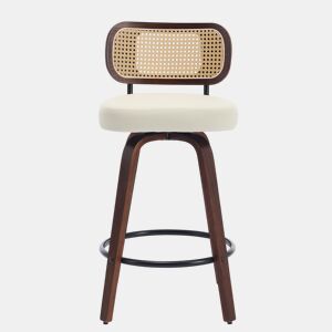 Bancos de bar 3 unidades 66 cm - Rattan, encosto em cana, assento estofado, giratórios - Bege