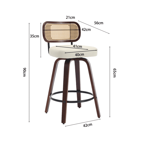 Bancos de bar 3 unidades 66 cm - Rattan, encosto em cana, assento estofado, giratórios - Bege