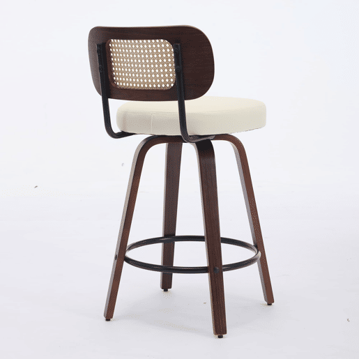 Bancos de bar 3 unidades 66 cm - Rattan, encosto em cana, assento estofado, giratórios - Bege