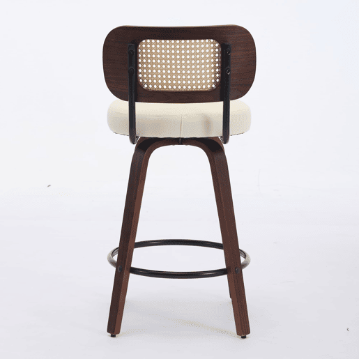 Bancos de bar 3 unidades 66 cm - Rattan, encosto em cana, assento estofado, giratórios - Bege