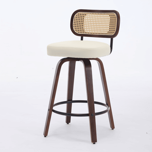 Bancos de bar 3 unidades 66 cm - Rattan, encosto em cana, assento estofado, giratórios - Bege