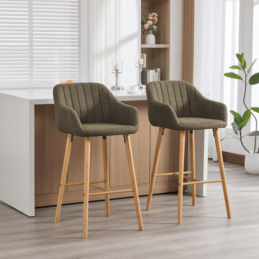 Bancos altos de bar 2 unidades - Estilo europeu, encosto e braços, assento em linho - Verde